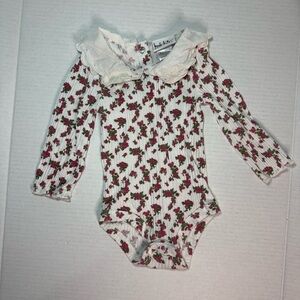 Nicole‎ Miller Baby Girl Bodysuit 12M Floral Ribbed Long Sleeve with Lace Collar